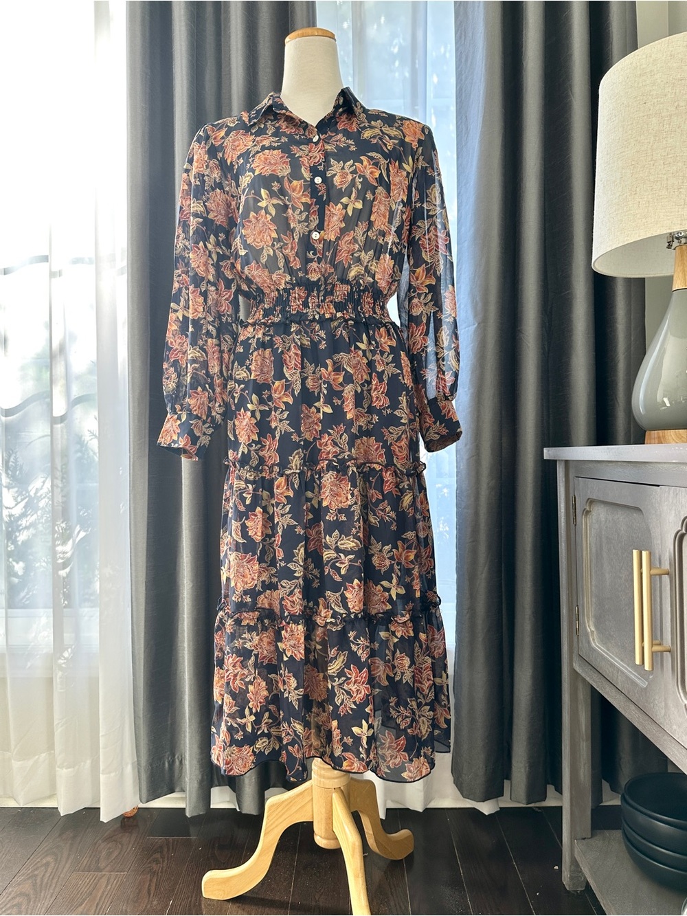 Floral Button-Front Tiered Midi Dress - Navy Blue with Rose Print - Size 6